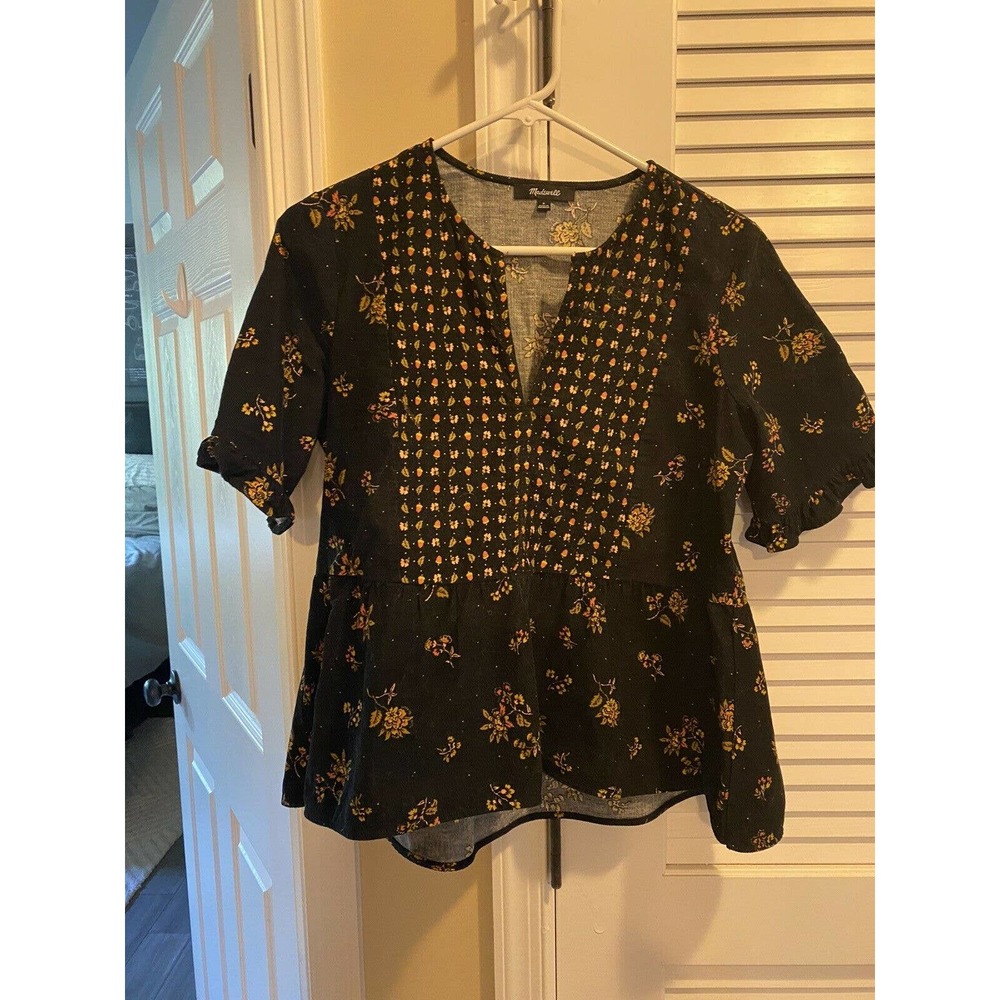 Madewell Black Floral Corduroy Acorn Foulard Top S